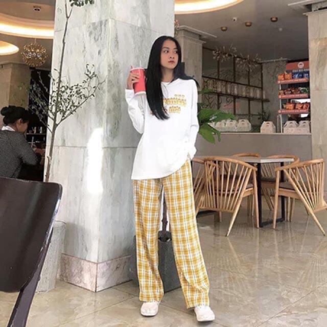 QUẦN ỐNG RỘNG KẺ CARO MÀU VÀNG SIÊU HOt, TJTCOI4