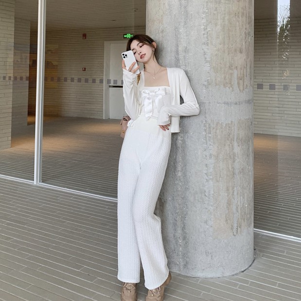Set Áo Hai Dây Thắt Nơ + Áo Khoác Cardigan + Quần Dài Lưng Cao Ống Rộng Quyến Rũ Cho Nữ | BigBuy360 - bigbuy360.vn