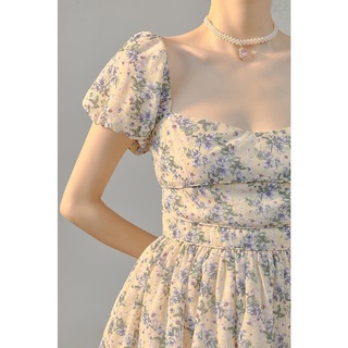 Đầm cổ vuông tay phồng họa tiết hoa nhí Tinkerbell Dress