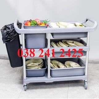 Xe đẩy dọn thức ăn thừa nhà hàng khung nhựa xám có khay xô nhựa đi kèm