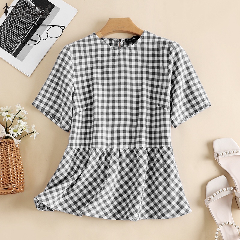 Zanzea Áo Sơ Mi Tay Ngắn Viền Bèo Họa Tiết Sọc Caro Phong Cách Châu Âu Thời Trang