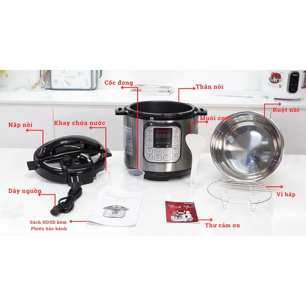 Nồi Áp Suất Điện Đa Năng Masuto 6L Chế Độ Ninh Hầm Siêu Nhanh Tiết Kiệm Thời Gian Nâng Cấp 2023, tặng cọ đa năng