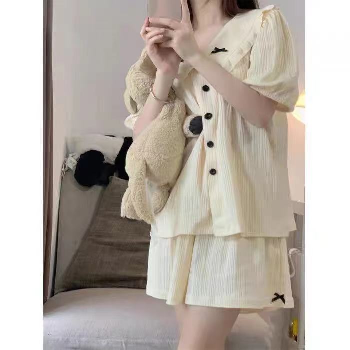 Bộ Đồ Ngủ Có Cổ Họa Tiết In Thời Trang Mùa Hè Hàn Quốc Cho Nữ