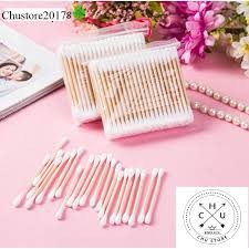 Combo 10 Bịch Túi 100 Tăm Bông Ngoáy Tai, Lấy Ráy Tai Cán Gỗ Và Bông Kháng Khuẩn Cho Người Lớn