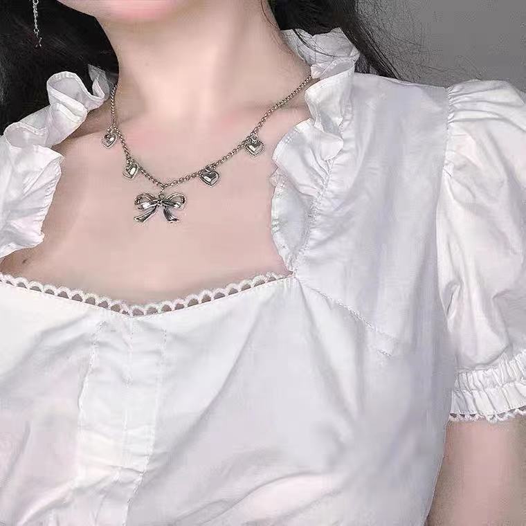 iF YOU vòng cổ Mạ Bạc Mặt Trái Tim Phối Nơ Thời Trang Cho Nữ