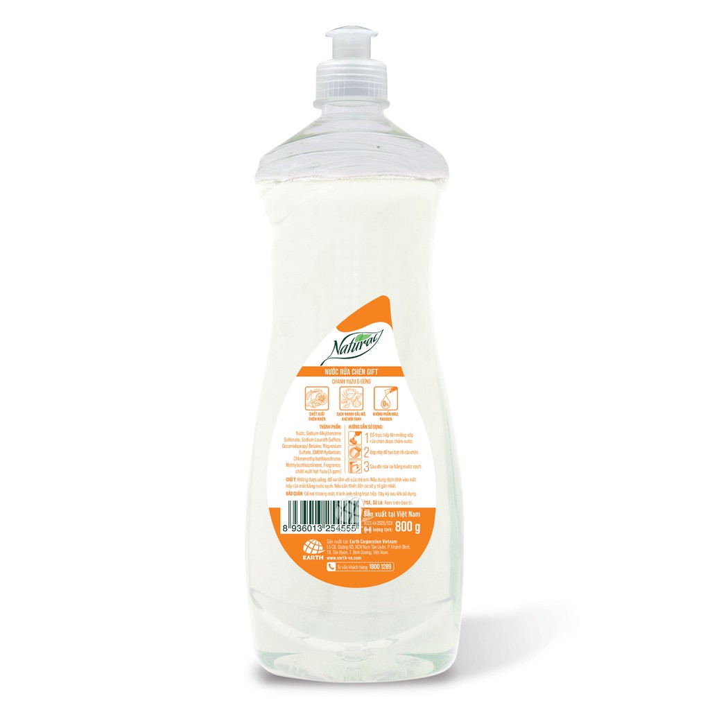 Nước rửa chén Gift Natural (Chanh Yuzu &amp; Gừng/ Trà Matcha &amp; Lô Hội) Chai 800g, 180g