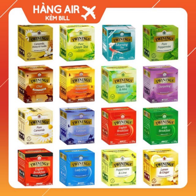 Trà túi lọc TWININGS ( Trà Hoa cúc, Trà Bạc Hà, Trà xanh, Trà  English Breakfast, Rusian Caravan, Earl Grey)