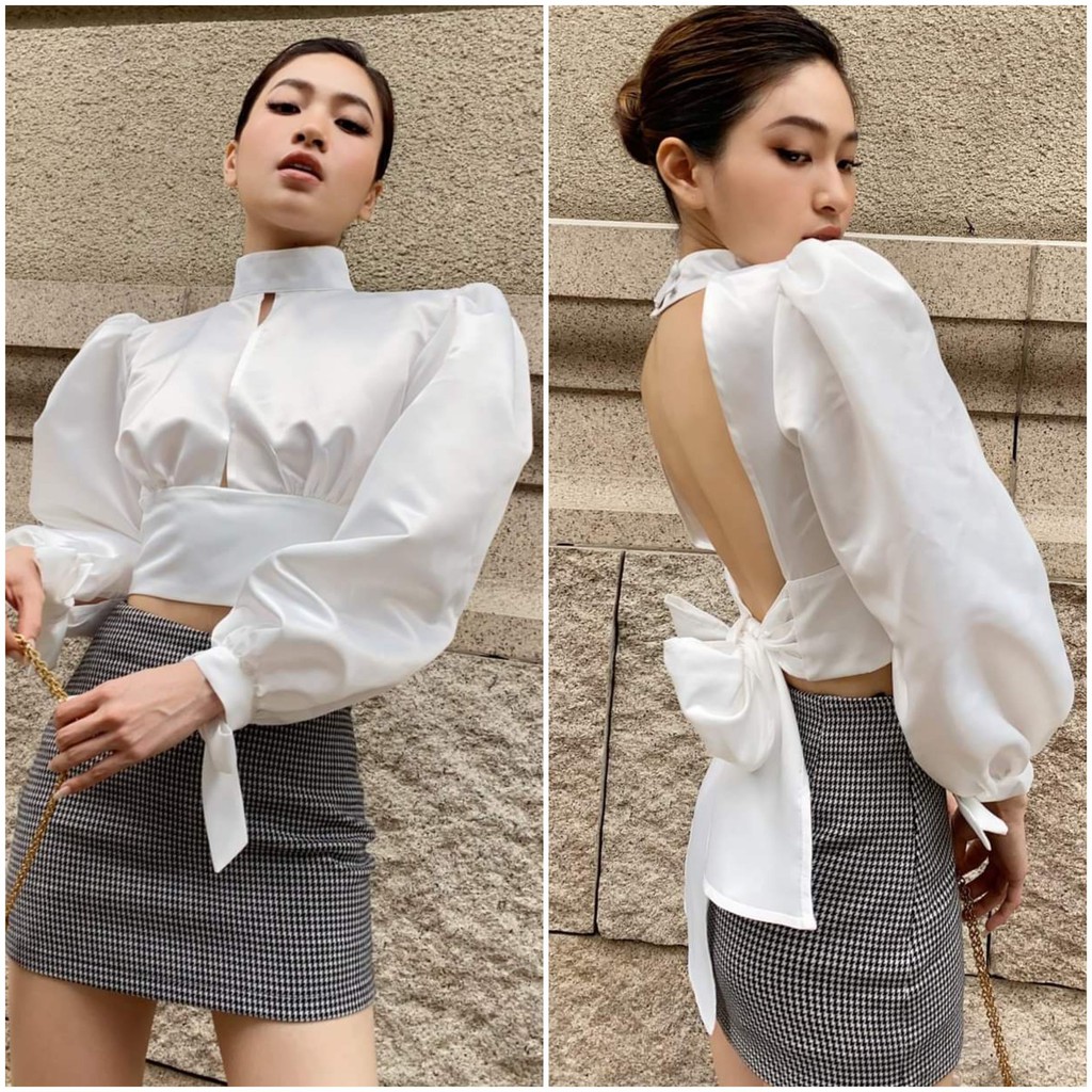 Áo trắng tay dài, hở lưng, thắt nơ sau lưng sang chảnh