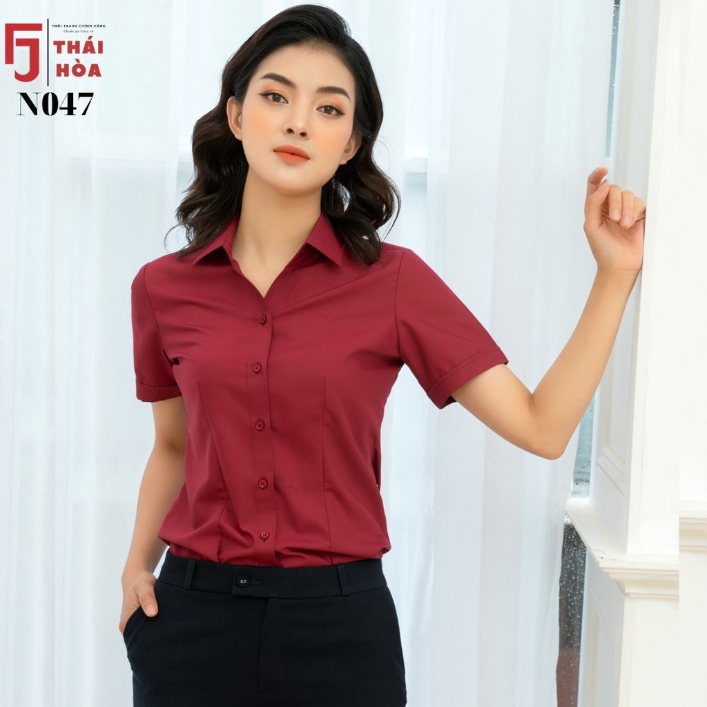 Áo sơ mi nữ tay ngắn công sở đẹp kiểu bigsize đổ đô cotton Thái Hoà N047-12-01 ...