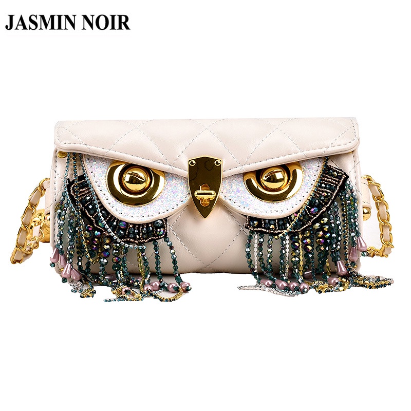 Túi đeo chéo JASMIN NOIR hình cú mèo họa tiết sọc caro phối tua rua thời trang cho nữ
