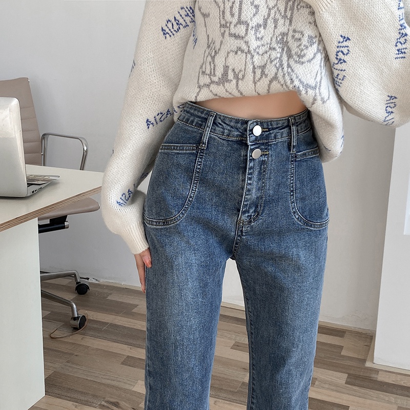 Quần Jeans Dài Lưng Cao Ống Đứng Thời Trang Hàn Quốc Cho Nữ