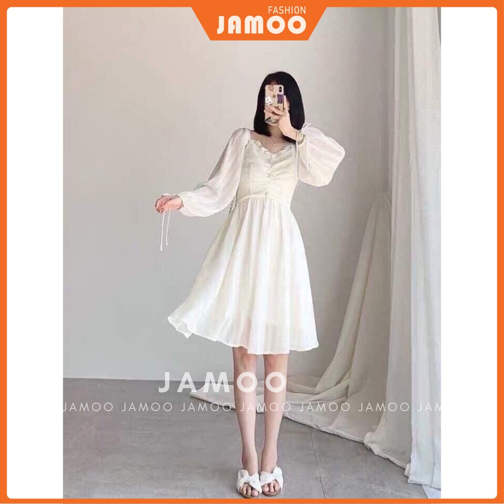 Đầm nữ đẹp, Váy trắng midi vintage nơ tay JAMOO🌿🌿💯💯