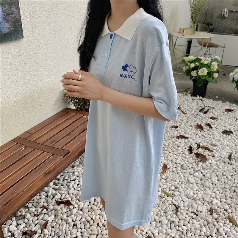 Polo Váy Cổ Trụ Tay Lỡ Form Dài Thêu Chữ Ulzzang (ảnh thật)