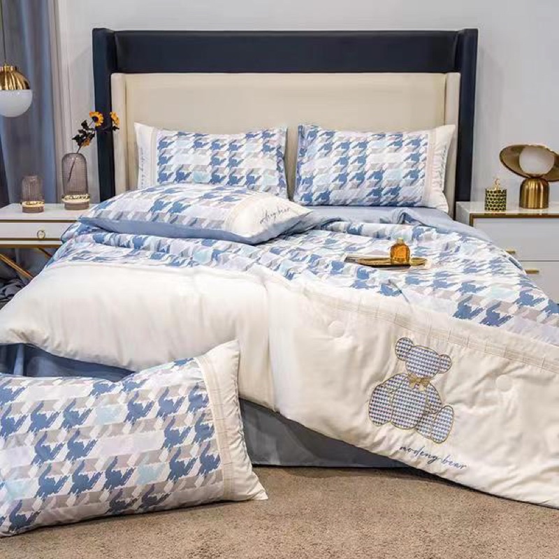 Bộ chăn ga gối phi lụa chăn hè thêu hình cực mê , bộ chăn ga phi lụa 4 món hàng nhập khẩu cao cấp , 