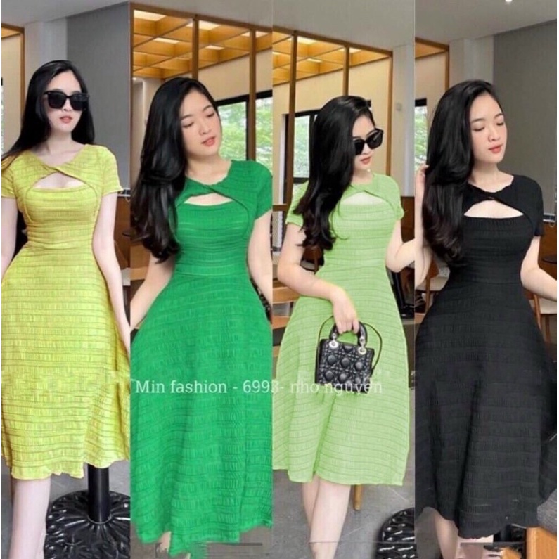 Đầm Xốp Dáng Dài Khoét Xoắn Ngực Tay Ngắn