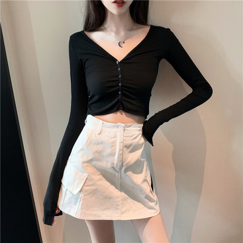 ÁO CROPTOP BODY LEN TĂM DÀI TAY KIỂU DÁNG ÁO CROPTOP CỔ TIM CÚC DỌC - ÁO CROPTOP LỆCH VAI GIÁ RẺ