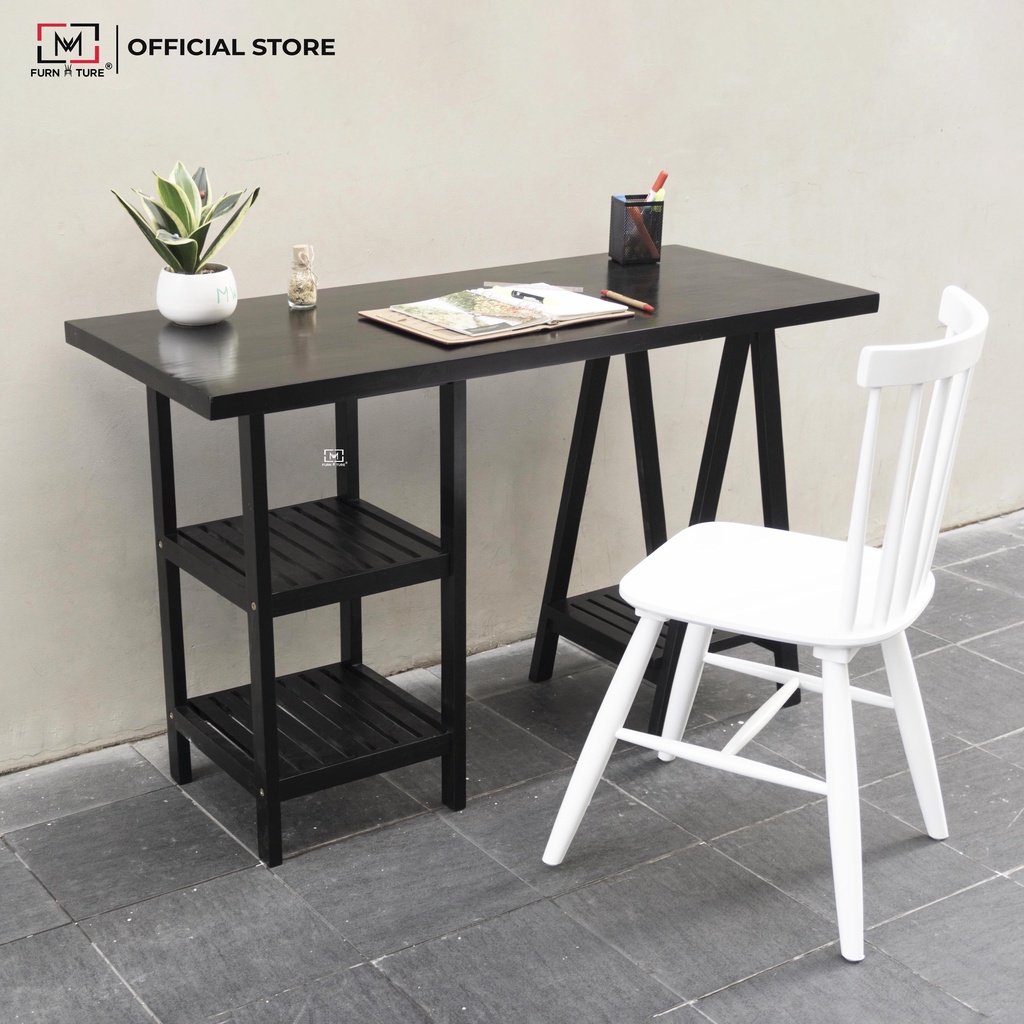 Bàn học làm việc có kệ chân tháp màu trắng thương hiệu MW FURNITURE - Nội thất căn hộ