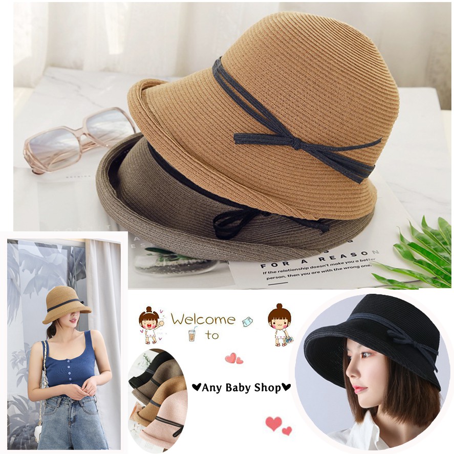 Mũ cói đi chơi, đi biển uốn vành đính dây nơ 5 màu sang chảnh- gấp gọn được (hàng có sẵn) ❣❣