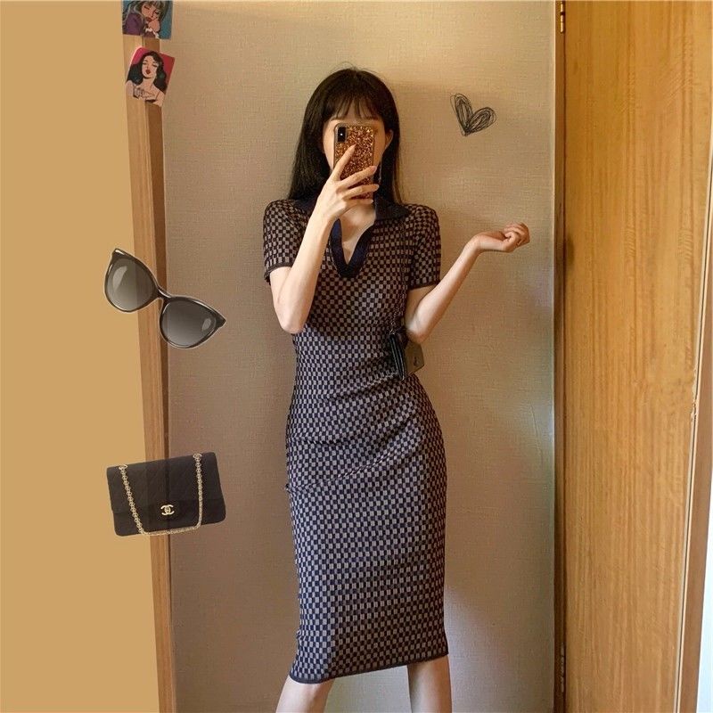 Đầm Dệt Kim Cổ polo Dáng Dài Ôm Thời Trang Sang Trọng Cho Nữ