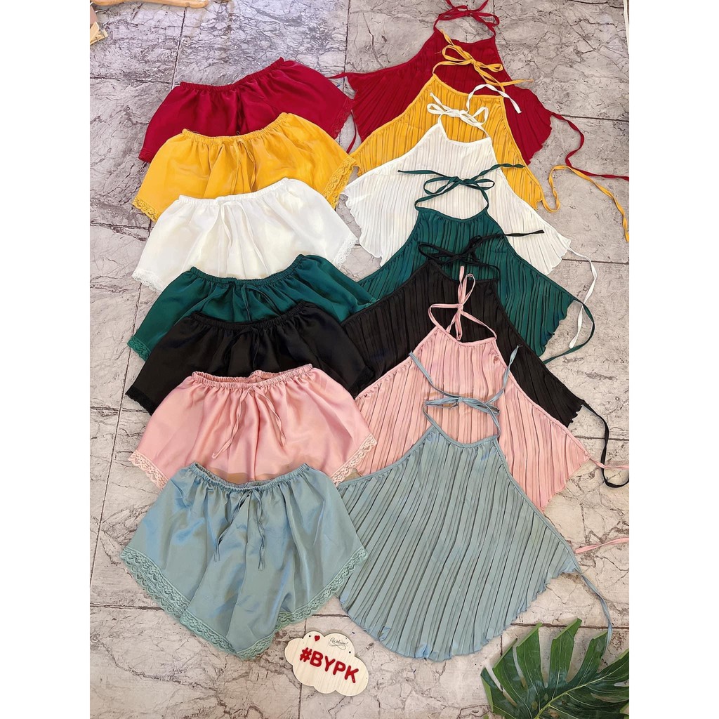 Bộ đồ ngủ yếm sexy dập ly nữ < freeship> dưới 60kg mặc vừa, vải mát,satin, đồ bộ nữ mặc ở nhà thoáng mát | BigBuy360 - bigbuy360.vn