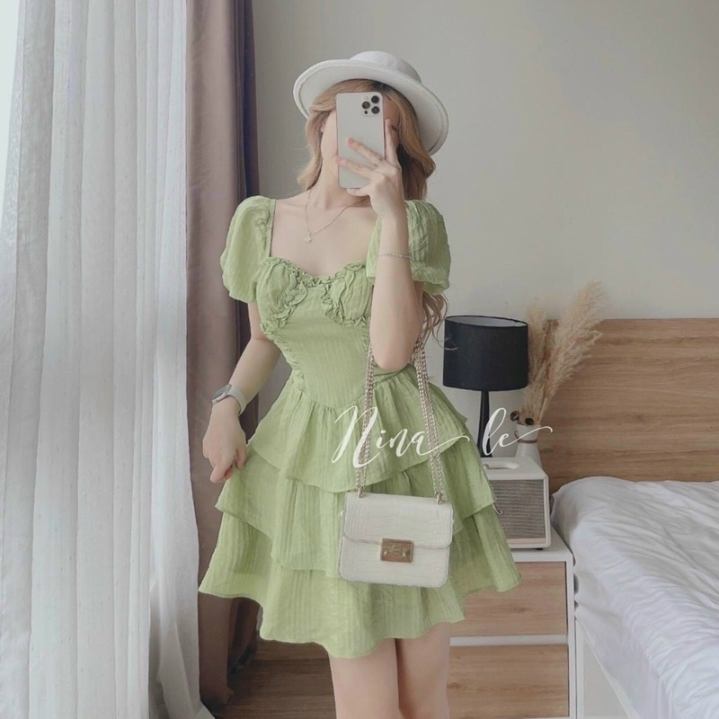 Đầm thời trang nữ mặc đi chơi chất thun đũi gân tay búp ngắn cổ vuông xoè 3 tầng