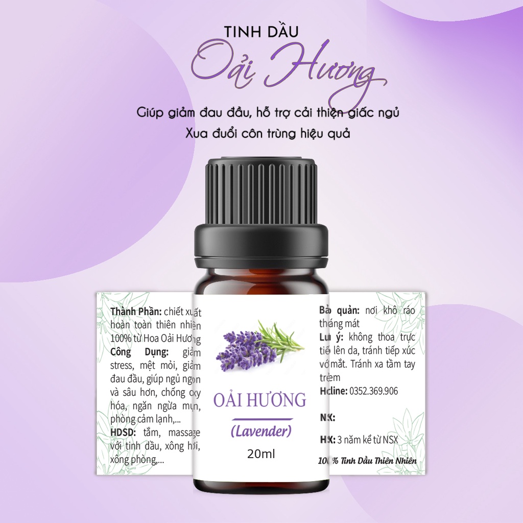 Tinh dầu Oải Hương Lavender 20ml, hương nước hoa thơm phòng, khuếch tán, đuổi muỗi.