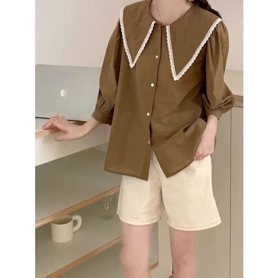 [Mã FAMARAL1 giảm 10K đơn 50K] Áo babydoll cổ bèo phối ren 2 bên Ulzzang (hàng QC) - Kèm ảnh thật A388