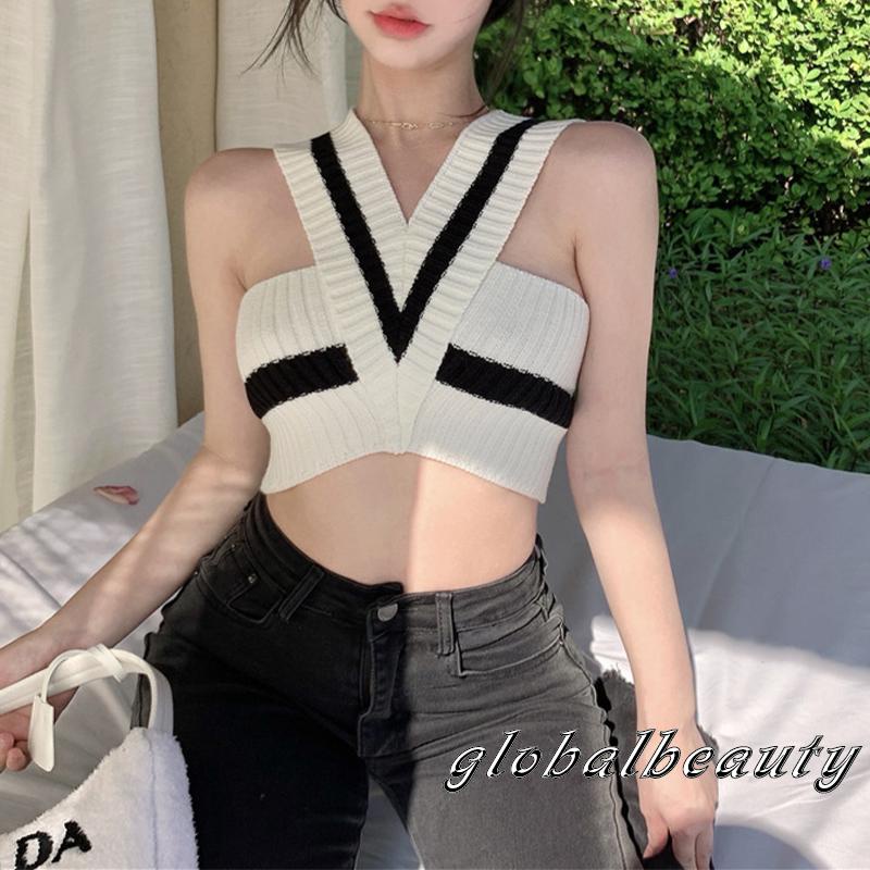 Áo Croptop Dệt Kim Hai Dây Cổ Chữ V Màu Sắc Tương Phản Thời Trang Mùa Hè Dành Cho Nữ