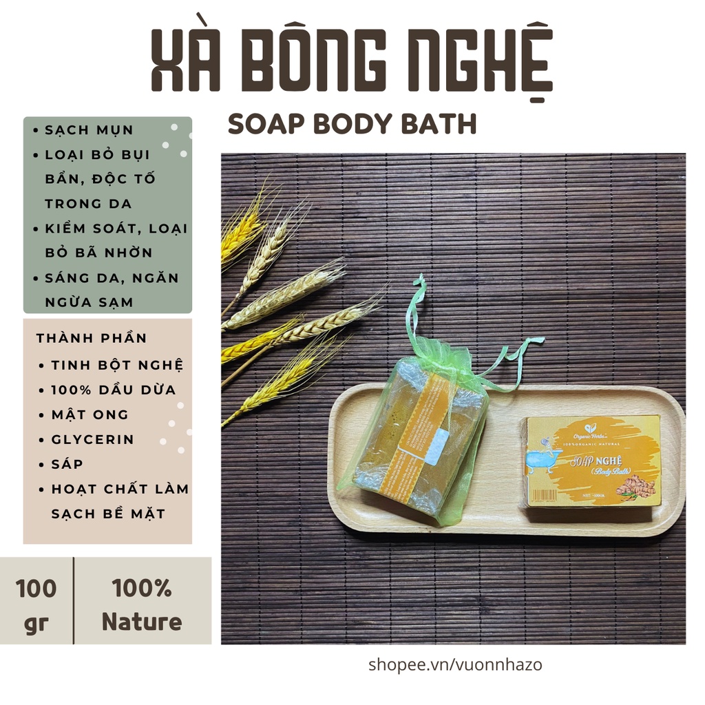 SOAP Xà bông TINH BỘT NGHỆ 100% organic tự nhiên 100gr tiêu chuẩn sản xuất ISO 22000:2018 - Tặng túi lưới tạo bọt