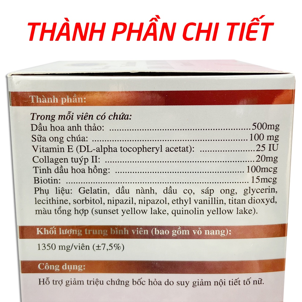 Viên Uống Beauty Roxtech Dầu hoa anh thảo, sữa ong chúa, dầu hoa hồng giúp đẹp da, tăng nội tiết tố nữ - 30 viên