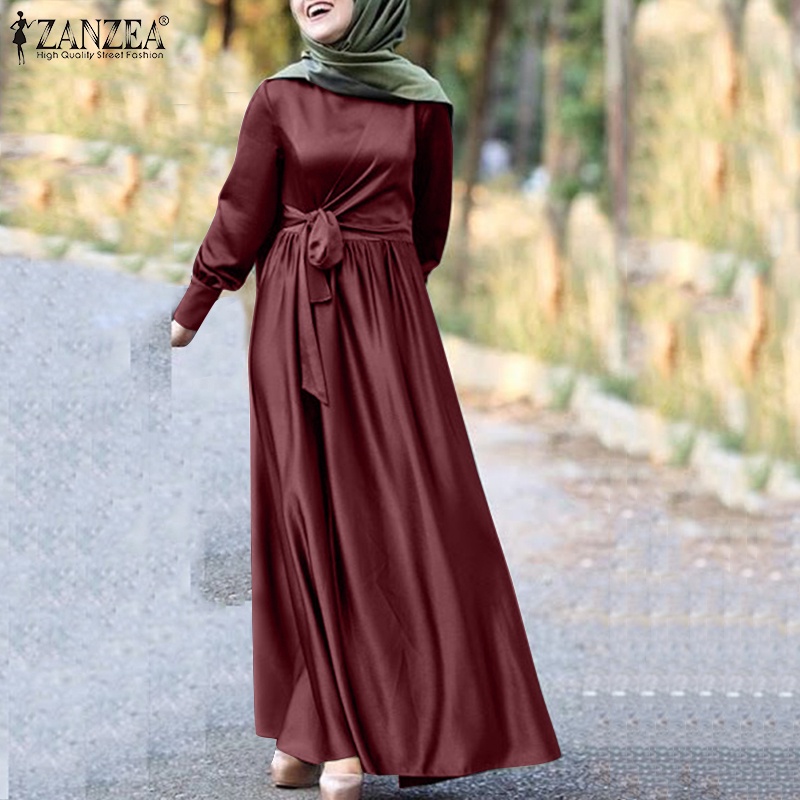 Zanzea Đầm Dài Vải Satin Màu Trơn Cổ Tròn Phối Nút Và Dây Kéo Sau Lưng Cho Phụ Nữ Hồi Giáo