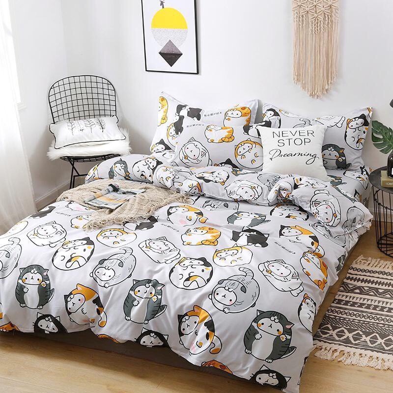 Bộ chăn ga gối Cotton poly M2T Bedding Mèo mập. vỏ chăn mền, drap nệm và 2 vỏ gối