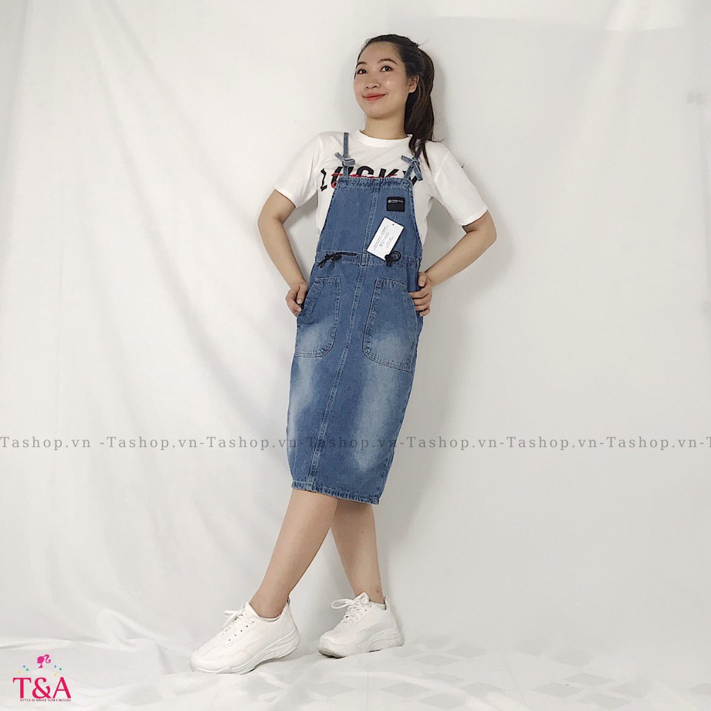 Yếm Váy Jeans Nữ Chất Bò Phối 2 Túi Trước Kèm Dây Rút Eo Mang Phong Cách Ulzzang Hàn Quốc - Tashopvn 425