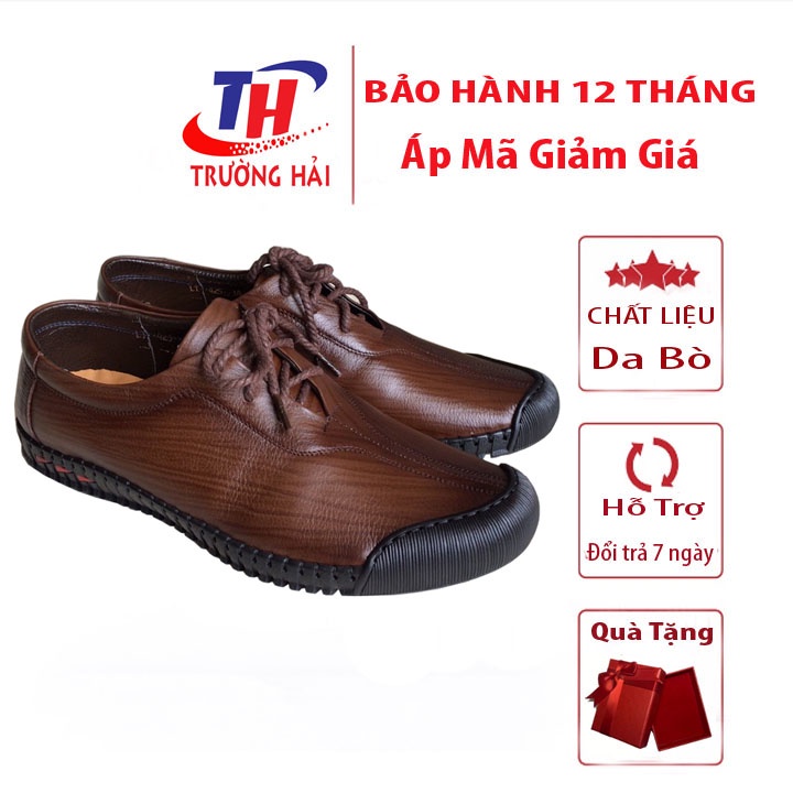 Giày mọi nam cột dây da bò Màu Nâu Trường Hải Đế Cao su Mềm Mại không trơn GMN0268