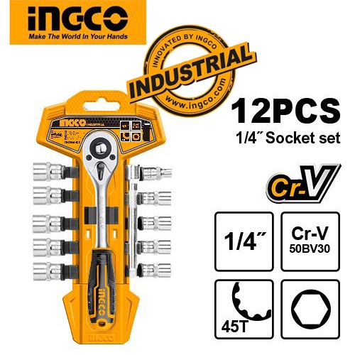 Ộ cờ lê 2 chiều tự động kèm 12 đầu tuýp 1/4" INGCO HKTS14122 bộ cần siết lực 2 chiều thép Cr-V chống rỉ sét, bền cứng