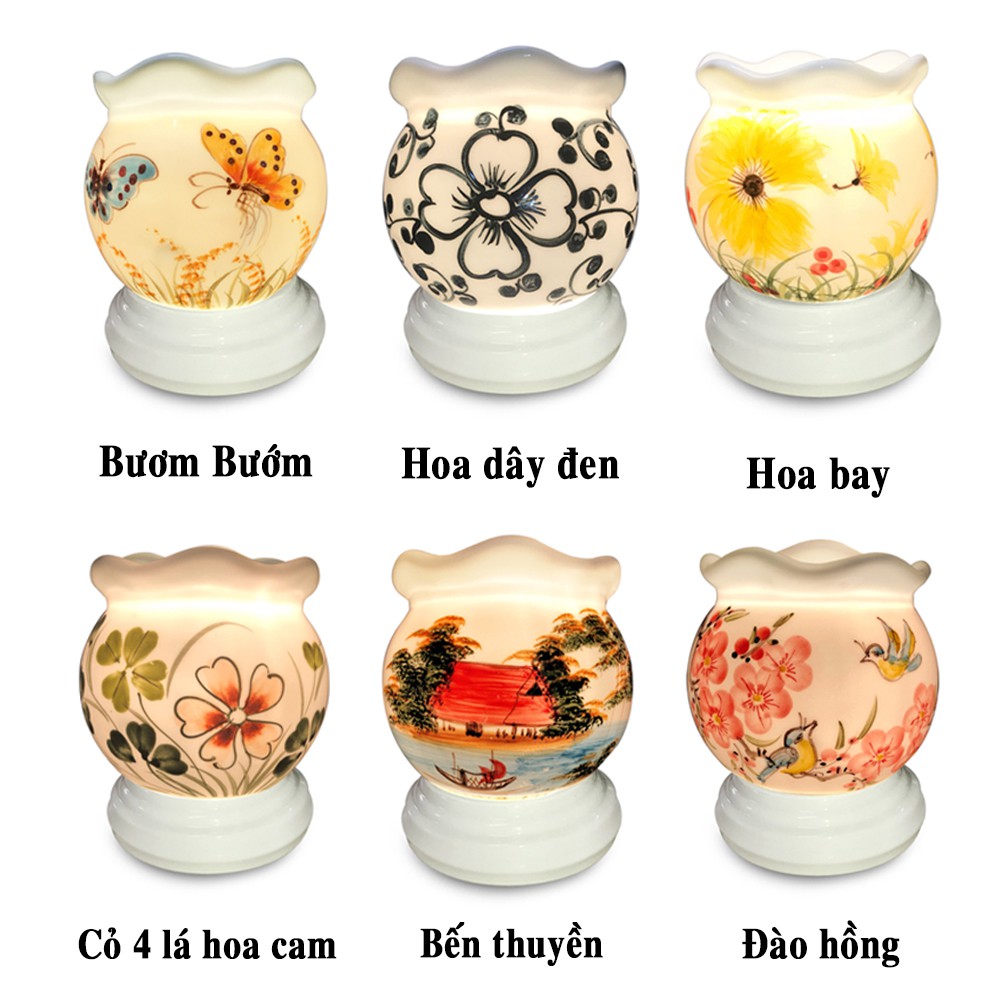 COMBO Đèn xông tinh dầu Gốm Bát Tràng size trung + Tặng 2 chai tinh dầu 10ml và 1 bóng dự phòng