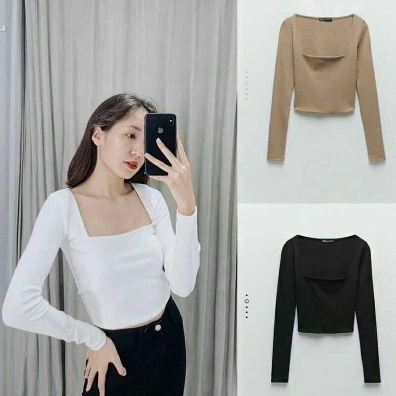 Áo thun tăm cổ vuông dài tay form ôm dáng croptop