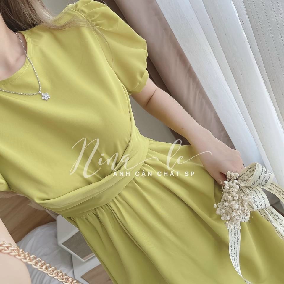 Đầm tay ngắn cổ tròn phong cách tiểu thư, đầm xòe cột eo tay búp màu sắc dễ thương