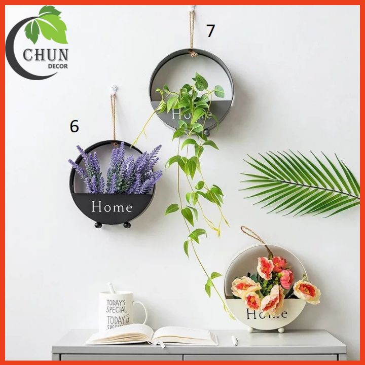 Giỏ cắm hoa, lẵng tròn cắm hoa nhiều màu treo tường chữ Home 20cm bằng thép phun sơn tĩnh điện