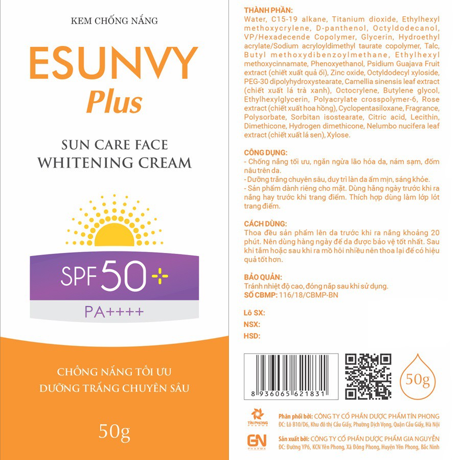 [Hàng Chính Hãng] Kem Chống Nắng Esunvy Plus - Sun Care Face Whitening Cream (Tuýp 50g)