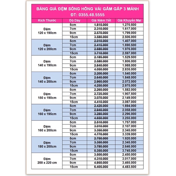 -30% ❤Đệm Sông Hồng vải gấm gấp 3 mảnh_ 160cmx200 chính hãng cty