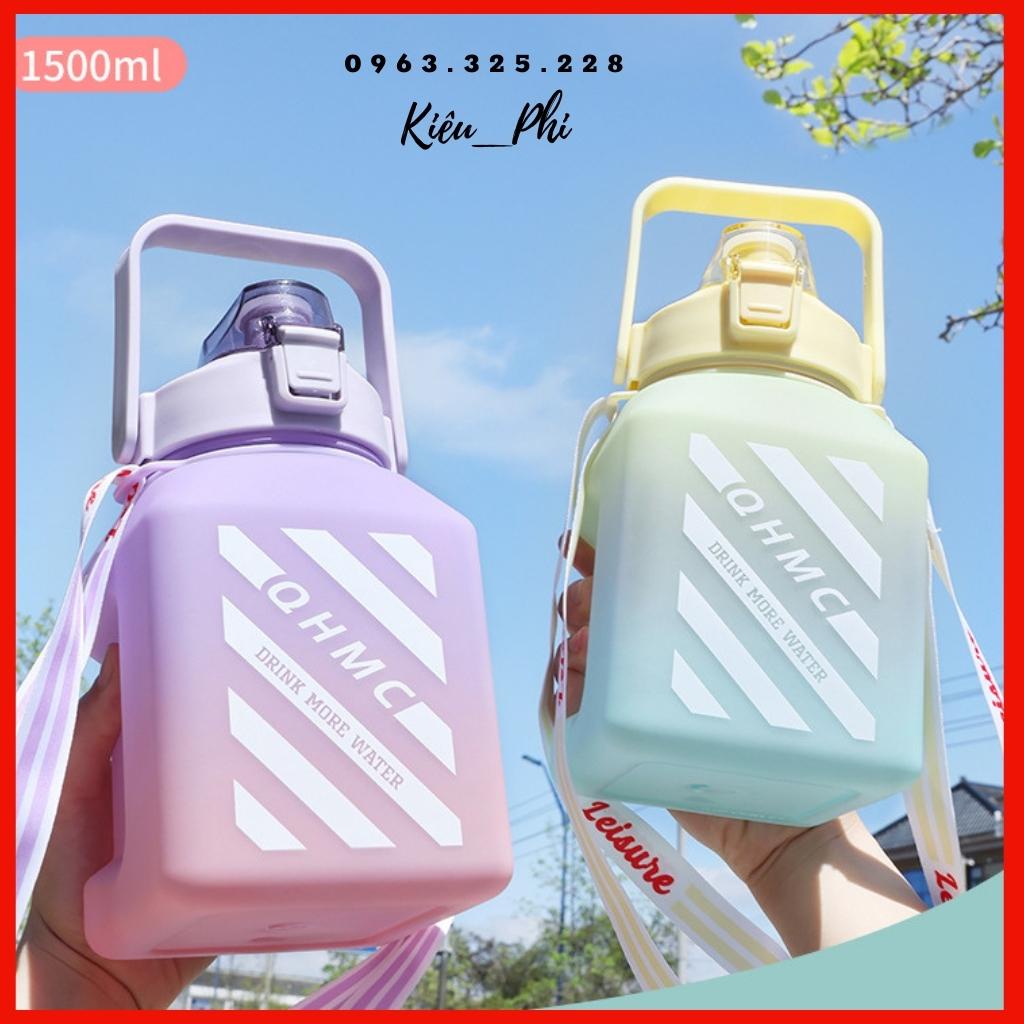 Bình nước1 dành cho người lười uống nước Kiều Phi - bình nước cute 1.5l có ống hút, vạch chia nhắc giờ kèm sticker