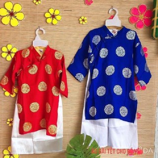Áo dài bé trai xanh xu gấm thái tuấn