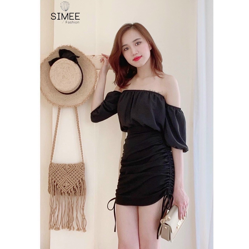 set áo kiểu trễ vai phồng tay mix chân váy rút dây 2 bên