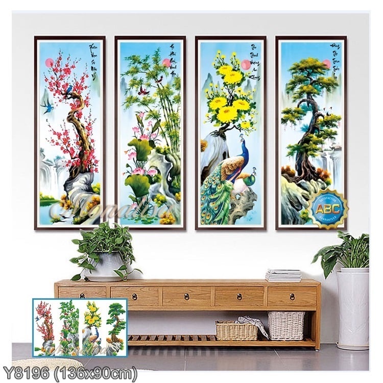 Tranh thêu chữ thập tứ quý KT:136x90cm,tranh chưa thêu.Tặng kéo và xỏ chỉ.