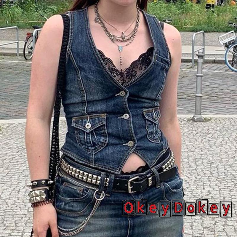 Áo Denim Không Tay Cổ Chữ V Sâu Cài Nút Ôm Dáng Phối Túi Thời Trang Cho Nữ