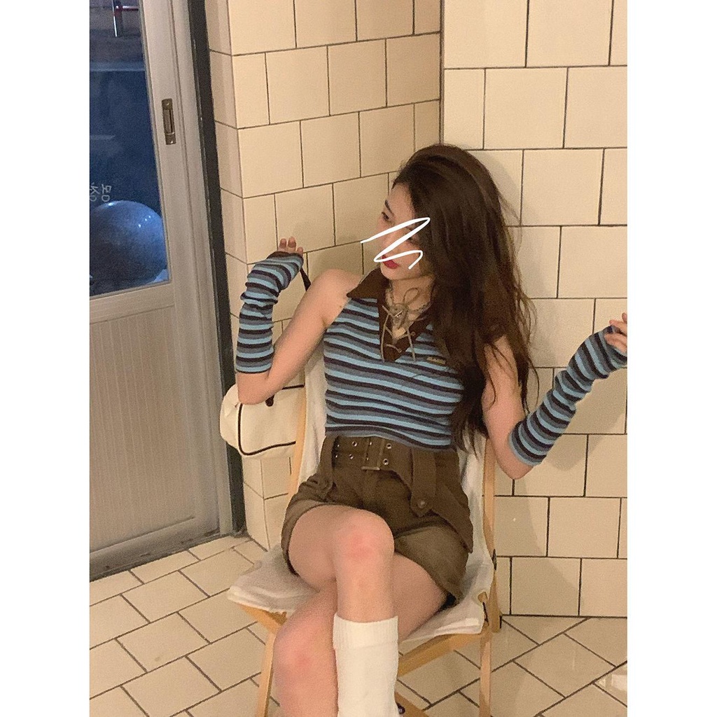 Áo Thun POLO Ngắn Ôm Dáng Thắt Dây Họa Tiết Kẻ Sọc Phong Cách Hàn Quốc Thời Trang Xuân Hè Hàng Mới Dành Cho Bạn Nữ