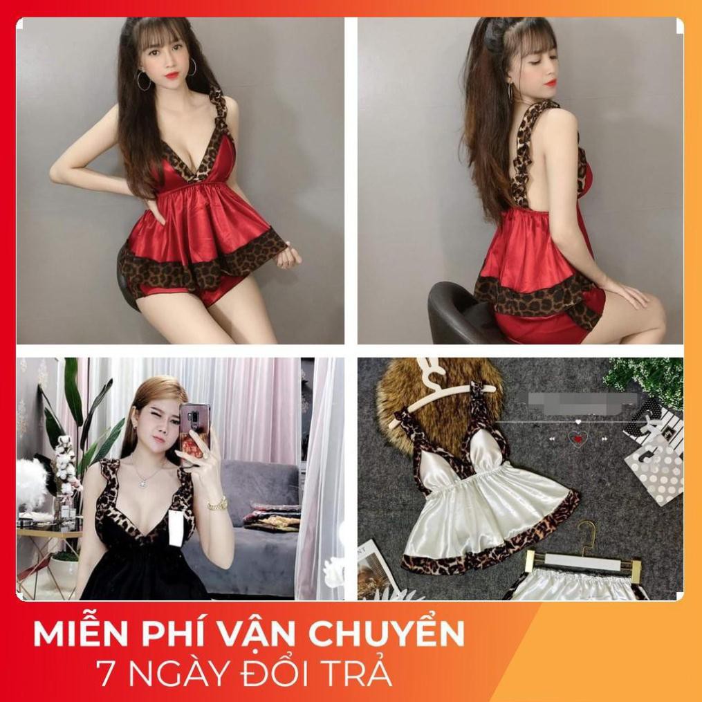 ❤FREESHIP❤ Đồ Mặc Nhà Đồ Ngủ Nữ  Đồ Ngủ Sexy Phi Lụa Phối Beo Có Mút Ngực <60Kg