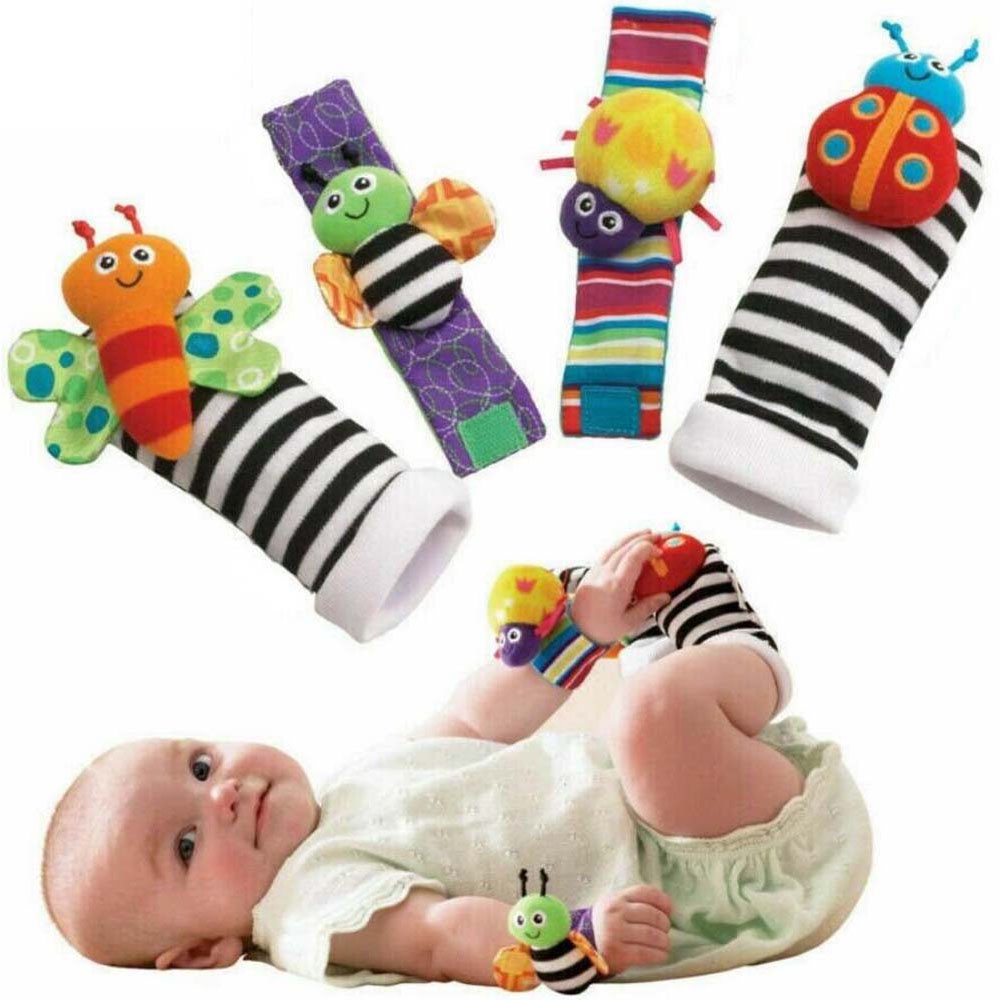 4pcs set Baby Rattle Set Sensory Toys Foot-finder Socks Wrist Rattles Bracelet Soft Toys