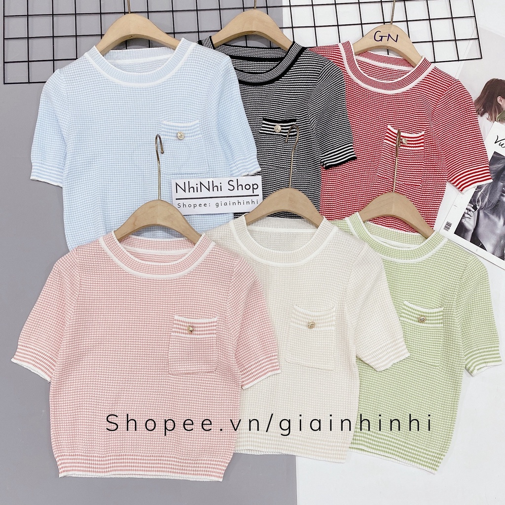Áo len cổ tròn túi ngực ngắn tay co giãn nhiều màu AL1554 - NhiNhi Shop